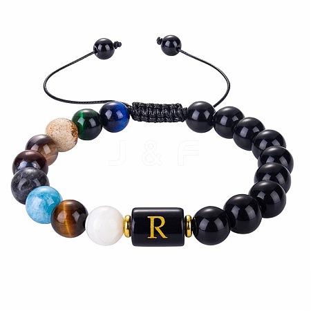 10MM Natural Black Obsidian Alphabet Beaded Braided Bracelets TO2319-18-1
