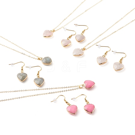 Mixed Natural Gemstone Heart Dangle Earrings & Pendant Necklaces Jewelry Sets SJEW-JS01195-1