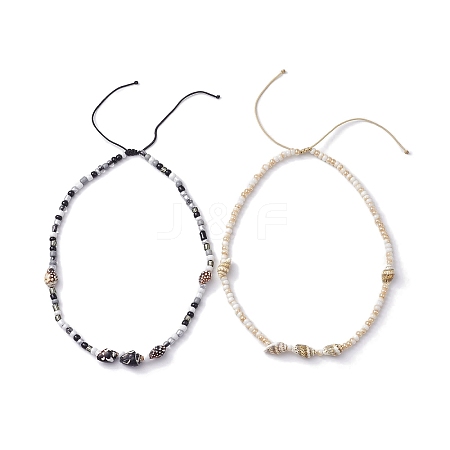 Glass with Natural Sea Shell Beads Braided Necklaces NJEW-JN04837-1