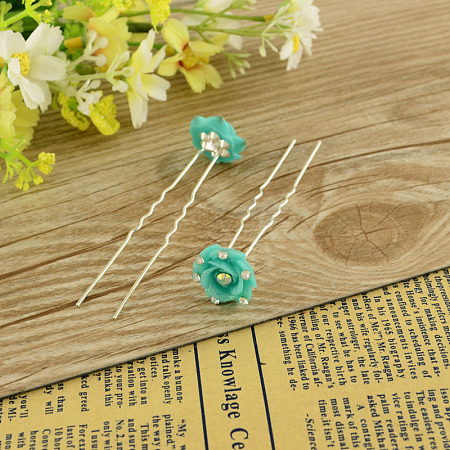 Lady's Hair Accessories Silver Color Iron Resin Flower Hair Forks PHAR-S199-03-1