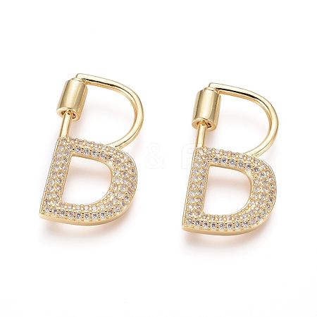  Jewelry Beads Findings Electroplated Brass Micro Pave Cubic Zirconia Screw Locking Carabiner Keychain, Carabiner Lock Charm, For Necklaces Making, Long-Lasting Plated, Alphabet, Golden, Clear, Letter.B, 33x23x2mm