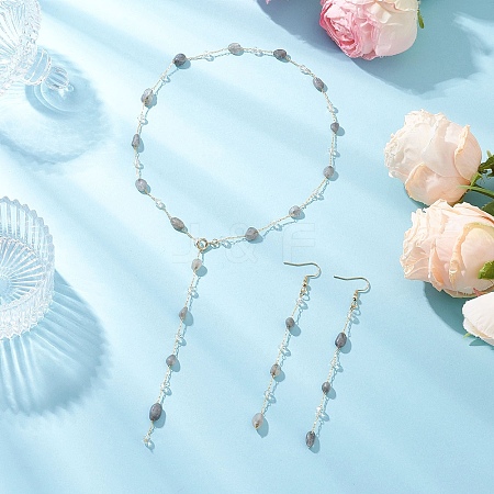 Handmade Natural Labradorite Beaded Chains Earring & Necklaces Sets SJEW-JS01342-03-1