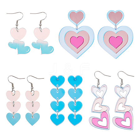 FIBLOOM 3 pairs 3 style Acrylic Heart Dangle Stud Earrings with Steel Iron Pins for Women EJEW-FI0001-65-1