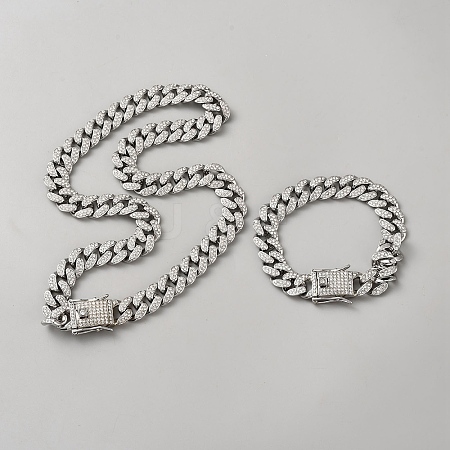 Alloy Rhinestone Cuban Curb Chain Necklaces & Bracelets Sets SJEW-WH0007-08-1