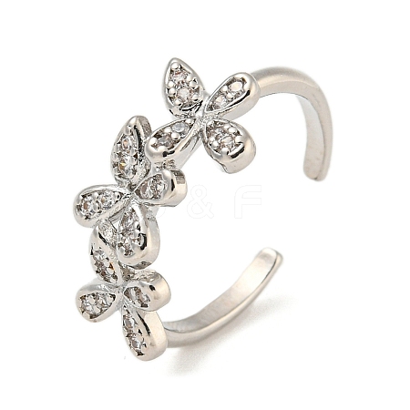 Flower Rack Plating Brass Micro Pave Cubic Zirconia Open Cuff Rings for Women RJEW-N047-01P-03-RS-1