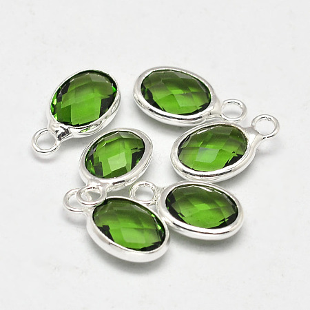 Oval Faceted Silver Tone Brass Glass Charms GLAA-O015-11S-1