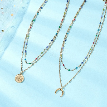 2Pcs 2 Styles 304 Stainless Steel Moon Sun Pendant Colorful Enamel Cable Chain Double Layer Necklaces for Women NJEW-JN05809-1