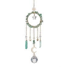 Natural Green Aventurine Chip Pendant Decorations with Brass Moon & Cable Chain & Electroplated Quartz Crystal Tassel HJEW-JM01650-01