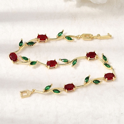 Leaf Brass Micro Pave Cubic Zirconia Link Chain Bracelets for Women BJEW-D455-01G-04-1
