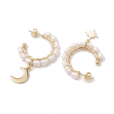 Moon & Star Natural Pearl Dangle Half Hoop Earrings EJEW-JE05895-01-1