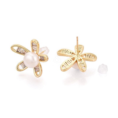 Flower Brass Micro Pave Cubic Zirconia Stud Earrings PEAR-N017-07H-1