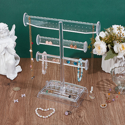 3-Tier T Bar Plastic Jewelry Towers for Earrings Rings ODIS-WH0030-204-1