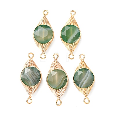 Dyed Natural Green Agate Faceted Hexagonal Cut Flat Round Links Connector Charms with Copper Herringbone Wire-Wrapped KK-Z152-07G-07-1