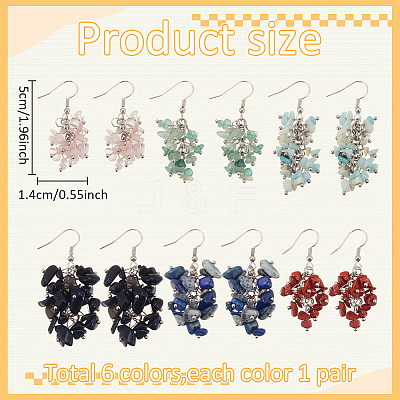 6 Pairs 6 Styles Natural Mixed Gemstone Chips Cluster Earrings EJEW-AN0004-78-1