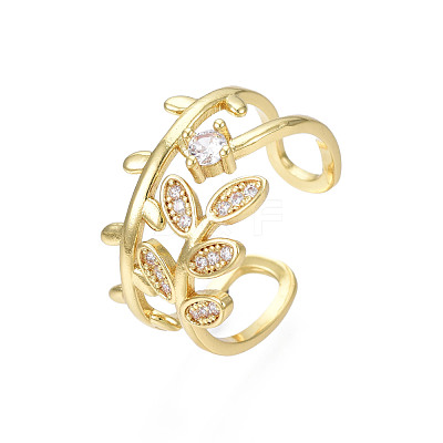 Cubic Zirconia Leaf Wrap Open Cuff Ring RJEW-N035-112-1