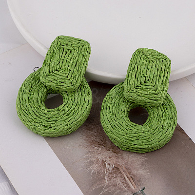 Rectangle with Flat Round Alloy Raffia Dangle Stud Earrings FS-WGEAAFD-01-1