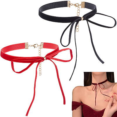 2Pcs 2 Colors Bowknot Velvet Choker Necklaces for Women NJEW-CY0001-01-1