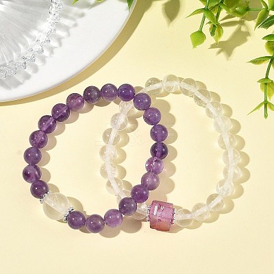 2Pcs 2 Styles Natural Amethyst & Quartz Crystal Round Beaded Stretch Bracelet Sets BJEW-TA00751-1