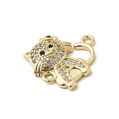 Brass Micro Pave Black and Clear Cubic Zirconia Cat Shape Connector Charms KK-L262-08G-1