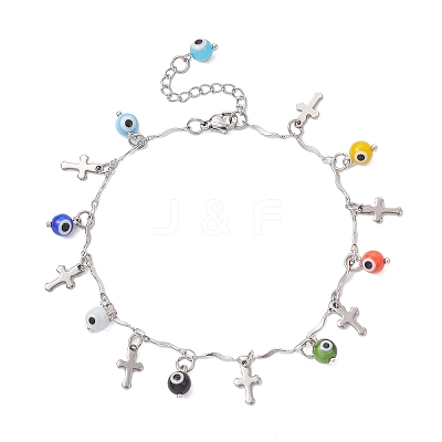 3Pcs 3 Colors Handmade Evil Eye Lampwork & 304 Stainless Steel Cross Tassel Bar Link Chain Anklets for Women AJEW-AN00741-1