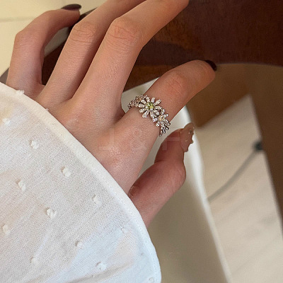 Alloy Rhinestone Flower Cuff Open Rings for Women WG6663D-01-1