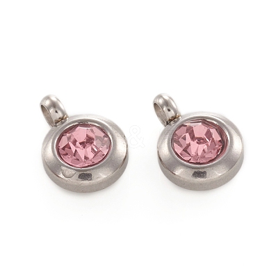 Trendy Original Color 304 Stainless Steel Faceted Grade A Rhinestone Flat Round Charms Pendants RB-N030-01O-1