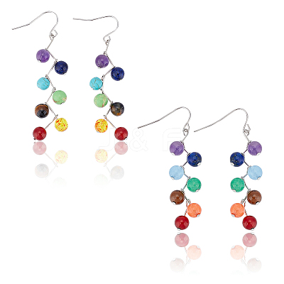 2 Pairs 2 Style Dyed Natural & Synthetic Mixed Gemstone Round Beaded Dangle Earrings EJEW-AN0002-78-1