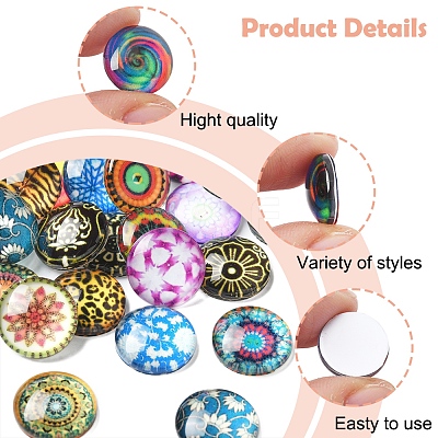 60Pcs Printed Glass Half Round Cabochons GGLA-FS0001-14-1