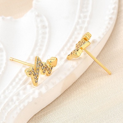 Heartbeat Brass Micro Pave Clear Cubic Zirconia Stud Earrings EJEW-G433-06G-1
