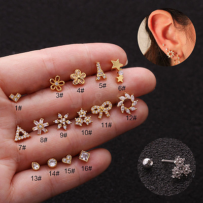 316L Surgical Stainless Steel Micro Pave Clear Cubic Zirconia Rhombus Cartilage Earrings WGCF17E-20-1