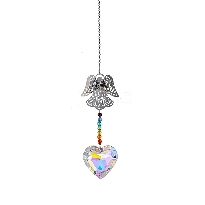 Glass Heart Sun Catcher Hanging Prism Ornaments with Iron Angel HJEW-PW0002-14E-1