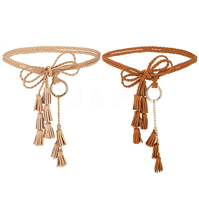 2Pcs 2 Colors Bohemian Imitation Leather Tassel with Alloy Ring Waist Chain Belts for Women AJEW-CL0005-22A-1