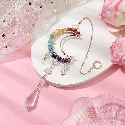 Wire Wrapped Chakra Natural & Synthetic Gemstone Chip Moon Hanging Ornaments HJEW-JM02129-1
