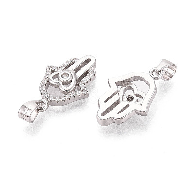 925 Sterling Silver Micro Pave Clear Cubic Zirconia Heart Hamsa Hand Pendants STER-N016-100P-1