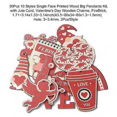 30Pcs 10 Styles Single Face Printed Wood Big Pendants Kit WOOD-CJC0011-11-1