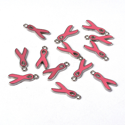 October Breast Cancer Pink Awareness Ribbon Alloy Enamel Pendants EA546Y-2-1