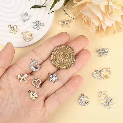 16Pcs 8 Styles Rack Plating Brass Micro Pave Cubic Zirconia Charms ZIRC-YW0001-30-1