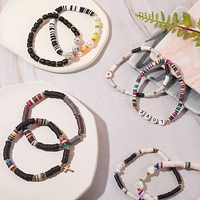 8Pcs 8 Style Polymer Clay Heishi & Natural Pearl & Natural Sea Shell Beads Stretch Bracelets Set for Girl Women BJEW-SZ0001-82-1
