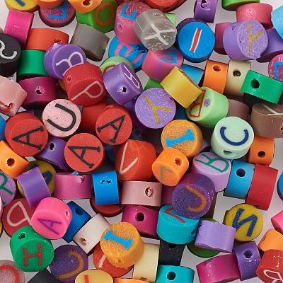 Handmade Polymer Clay Flat Round with Capital Letter Beads CLAY-CW0001-01-1