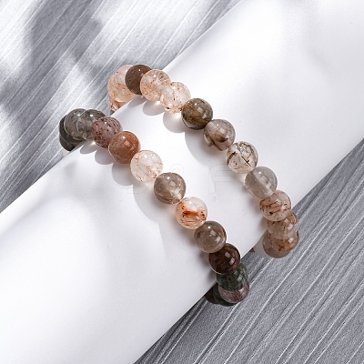 Natural Rutilated Quartz Round Beaded Stretch Bracelets for Men Women BJEW-G743-01E-1