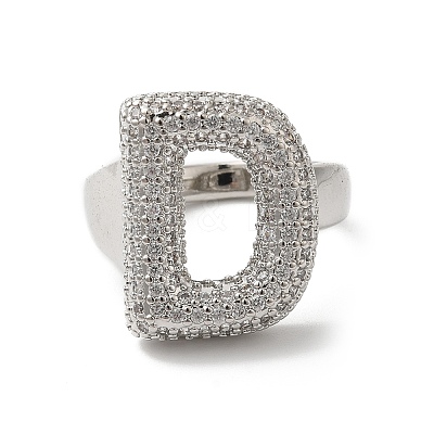 Letter Brass Micro Pave Clear Cubic Zirconia Open Cuff Ring for Women RJEW-N046-03D-P-1