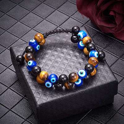 Natural Obsidian & Tiger Eye & Evil Eye Lampwork Braided Bead Bracelet BJEW-SW00001-20-1