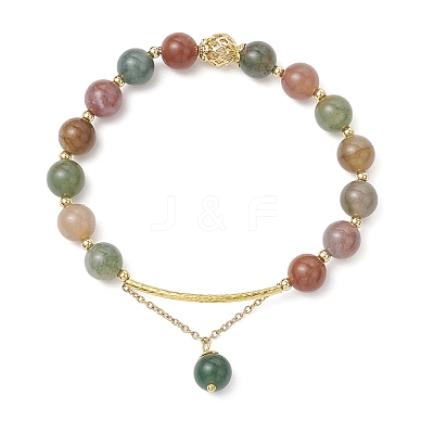 3Pcs Natural Indian Agate & Citrine & Aquamarine & Rose Quartz & Amethyst Round Beaded Bracelets BJEW-JB11925-1