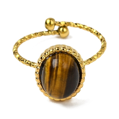 Oval Natural Tiger Eye Finger Rings RJEW-Q822-55G-02-1