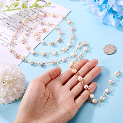 Handmade Cultured Freshwater Pearl Beaded Chains AJEW-TA0001-94-1