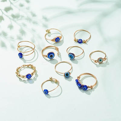 10Pcs 10 Style Resin & Lampwork Evil Eye Beaded Finger Rings RJEW-JR00478-1