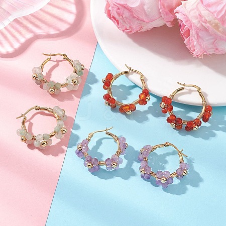 3 Pairs Flower Brass Natural Gemstone Hoop Earrings EJEW-TA00781-1