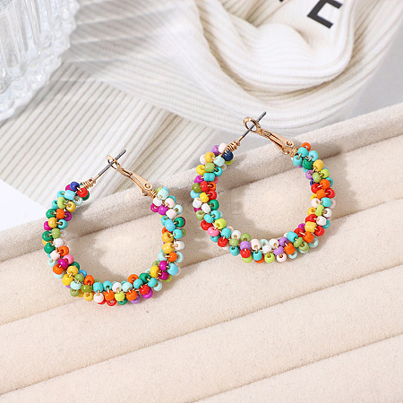 Bohemian Style Iron Glass Seed Beaded Hoop Earrings FS-WG64163-03-1