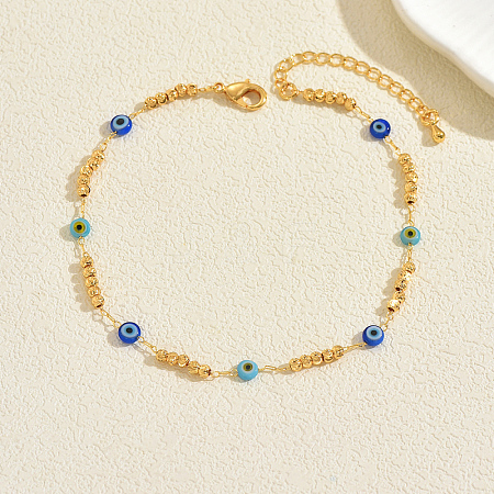 Bohemian Brass Round Beaded & Resin Link Chain Anklets for Summer Vacation BD6546-3-1