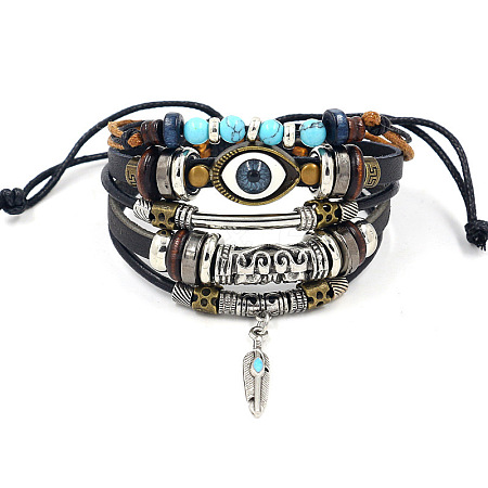 Fashionable multi-layer alloy beaded turquoise woven bracelet with simple butterfly decoration leather bracelet AO9489-7-1